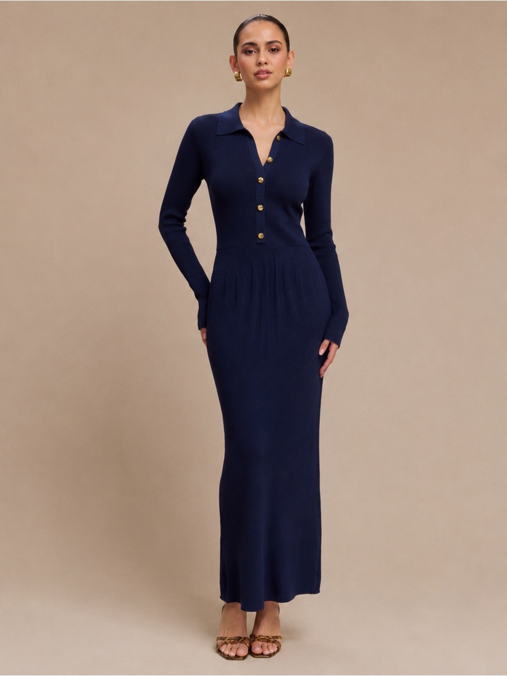 MESHKI Long Sleeve Navy Maxi Dress with Back Button Detail